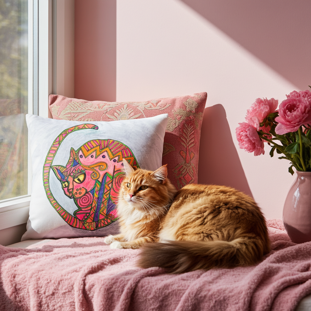 Cat Shadow Pillow with colorful cat artwork by Joy Calonico on a cozy pink bed next to an orange cat and pink flowers