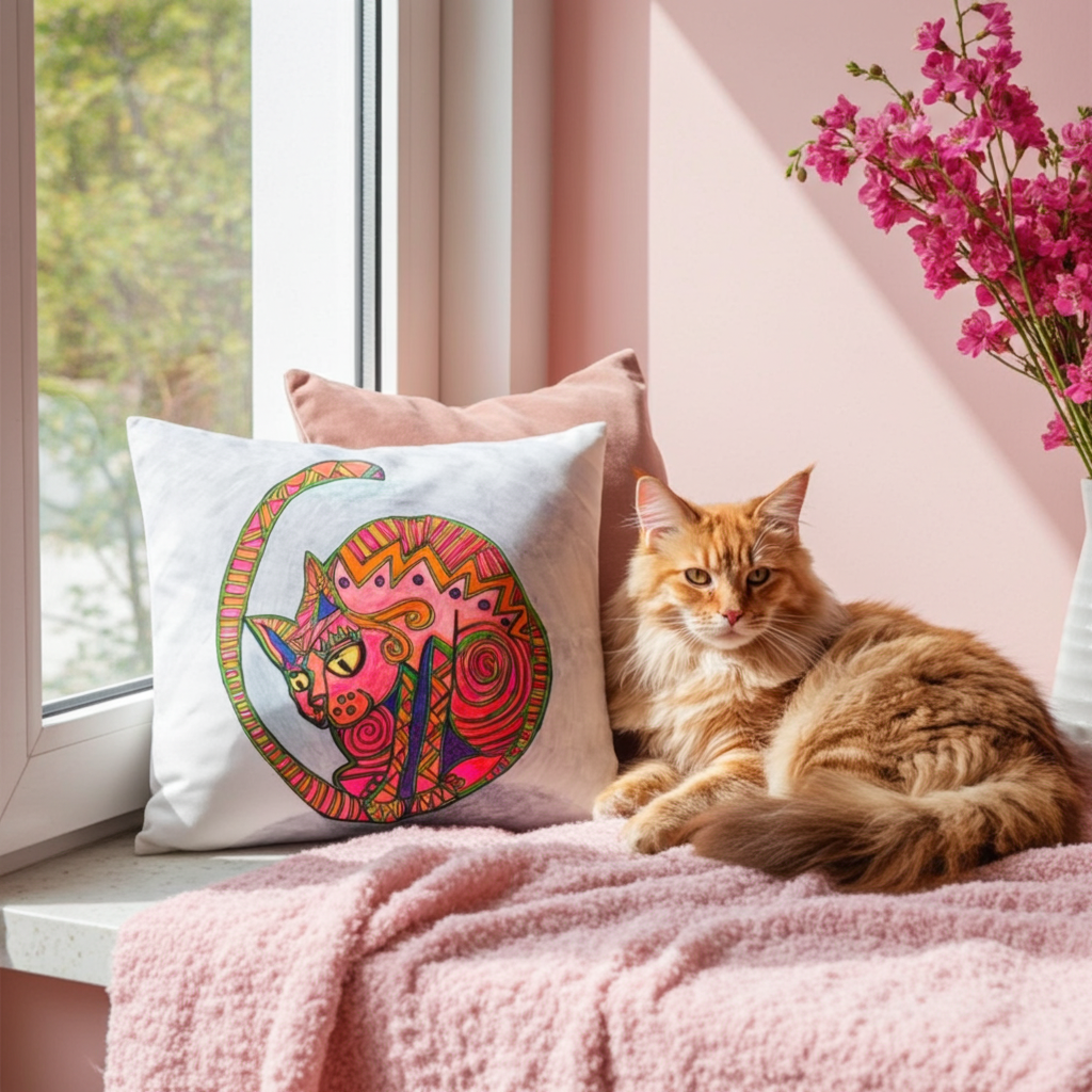 Cat Shadow Pillow with colorful artistic cat design on white fabric next to a ginger cat on a pink blanket by a window