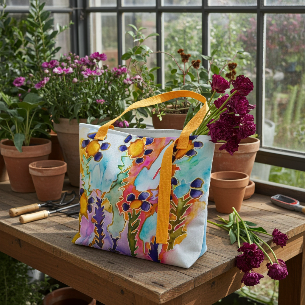 Dark Blooms Abstract Tote Bag with colorful floral design and yellow handles on wooden table in greenhouse