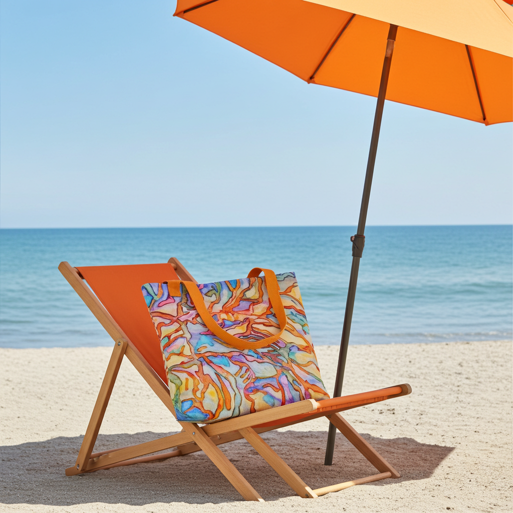 Coral Reef Abstract Tote Bag with colorful coral design on a beach chair under orange umbrella at the seaside