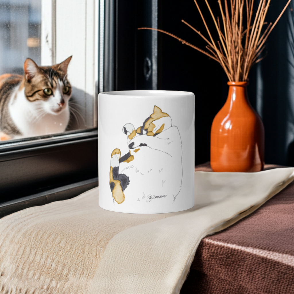 Ceramic Napping Cat Mug with cat illustration by Joy Calonico, microwave and dishwasher safe.