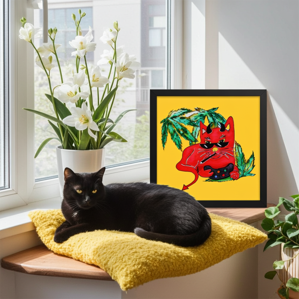 Cool Devil Gamer Cat Framed Poster 12x12
