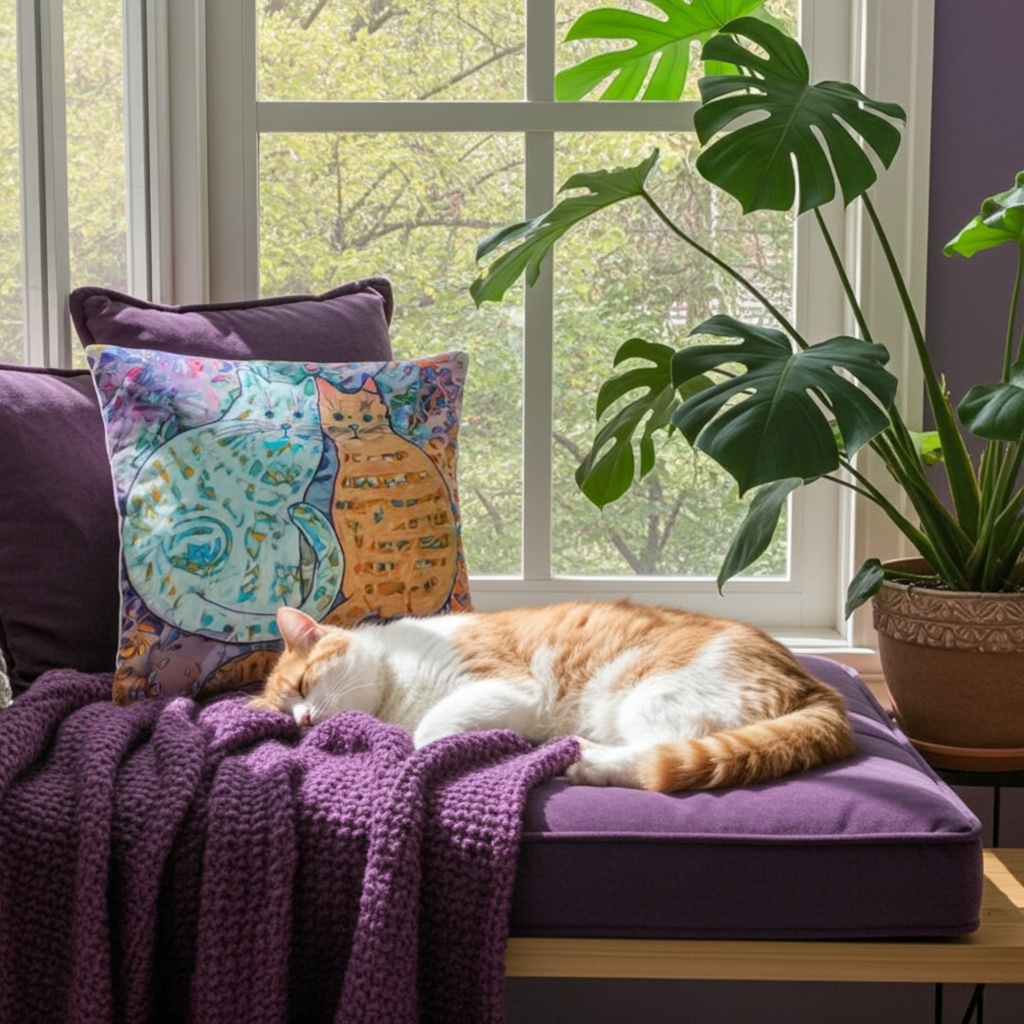 Cat Friends Pillow with colorful cat artwork by Joy Calonico on purple cushion next to sleeping orange and white cat