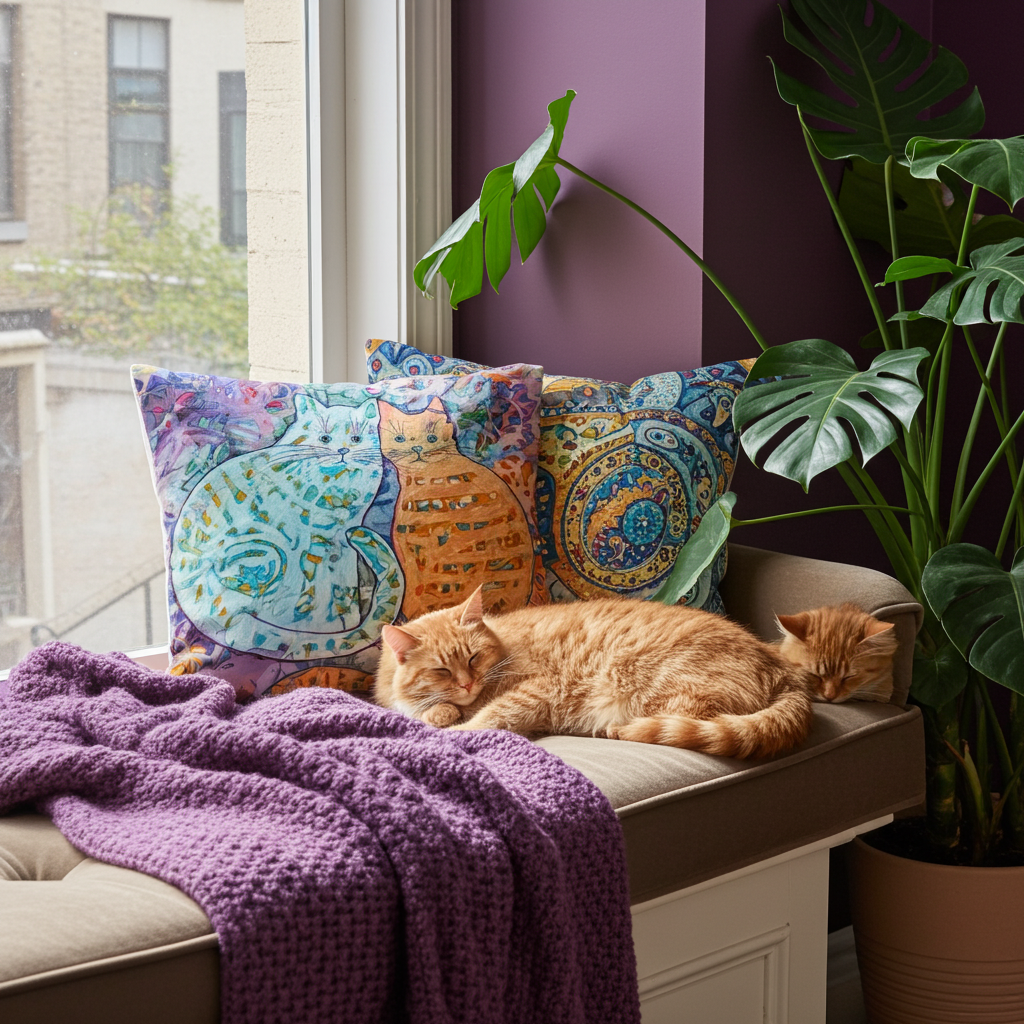 Cat Friends Pillow with colorful cat artwork on windowsill bench with two sleeping orange cats and purple blanket