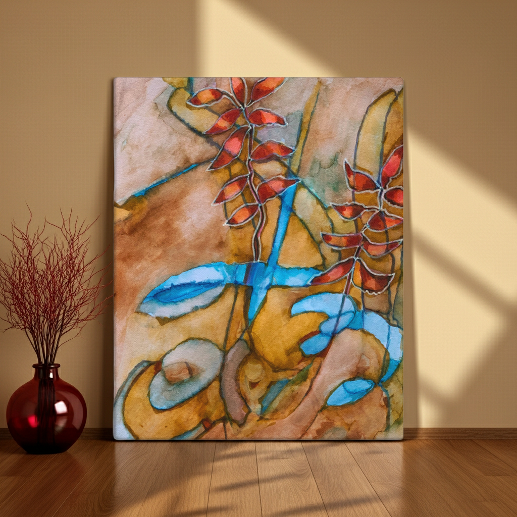 Teal Ribbon Leaves Canvas Print Unframed