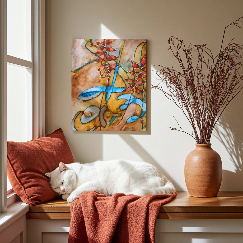 Teal Ribbon Leaves Canvas Print Unframed