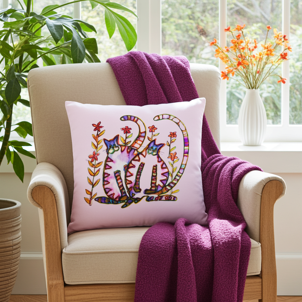 Two Cats Pink Pillow