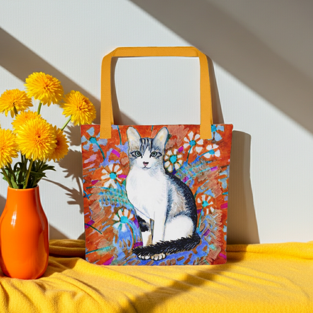 Daisy Cat Tote Bag with colorful cat and daisy artwork, orange handles, polyester fabric, and 15x15 inch size.