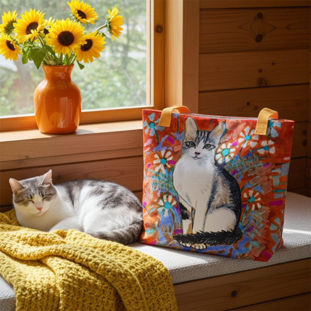 Daisy Cat Tote Bag with colorful cat artwork, sitting next to a sleeping cat and sunflowers in a cozy wooden room