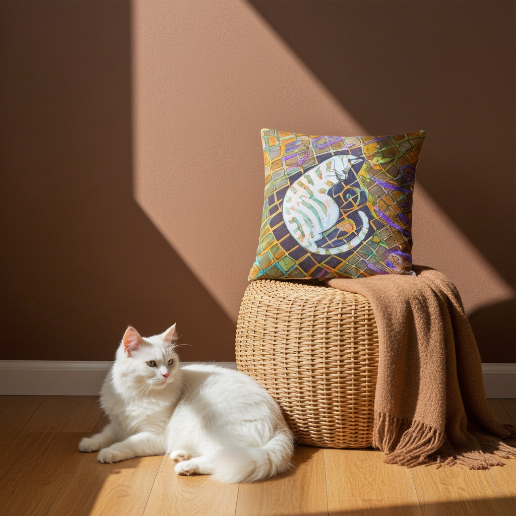 Cat Bricks Pillow with artwork of a white cat on colorful brick background, placed on a wicker stool with a brown throw, beside a white cat on wooden floor.