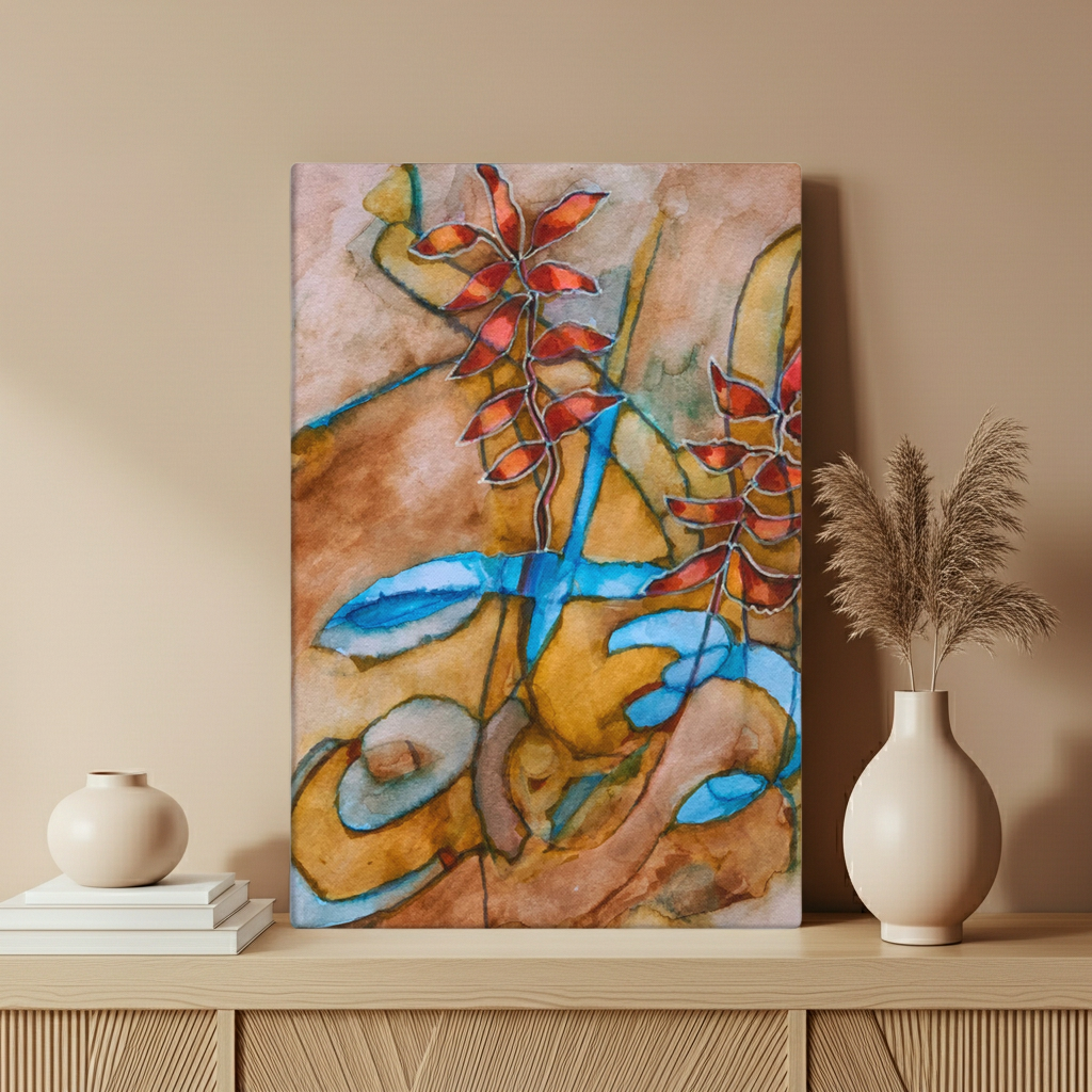 Teal Ribbon Leaves Canvas Print Unframed