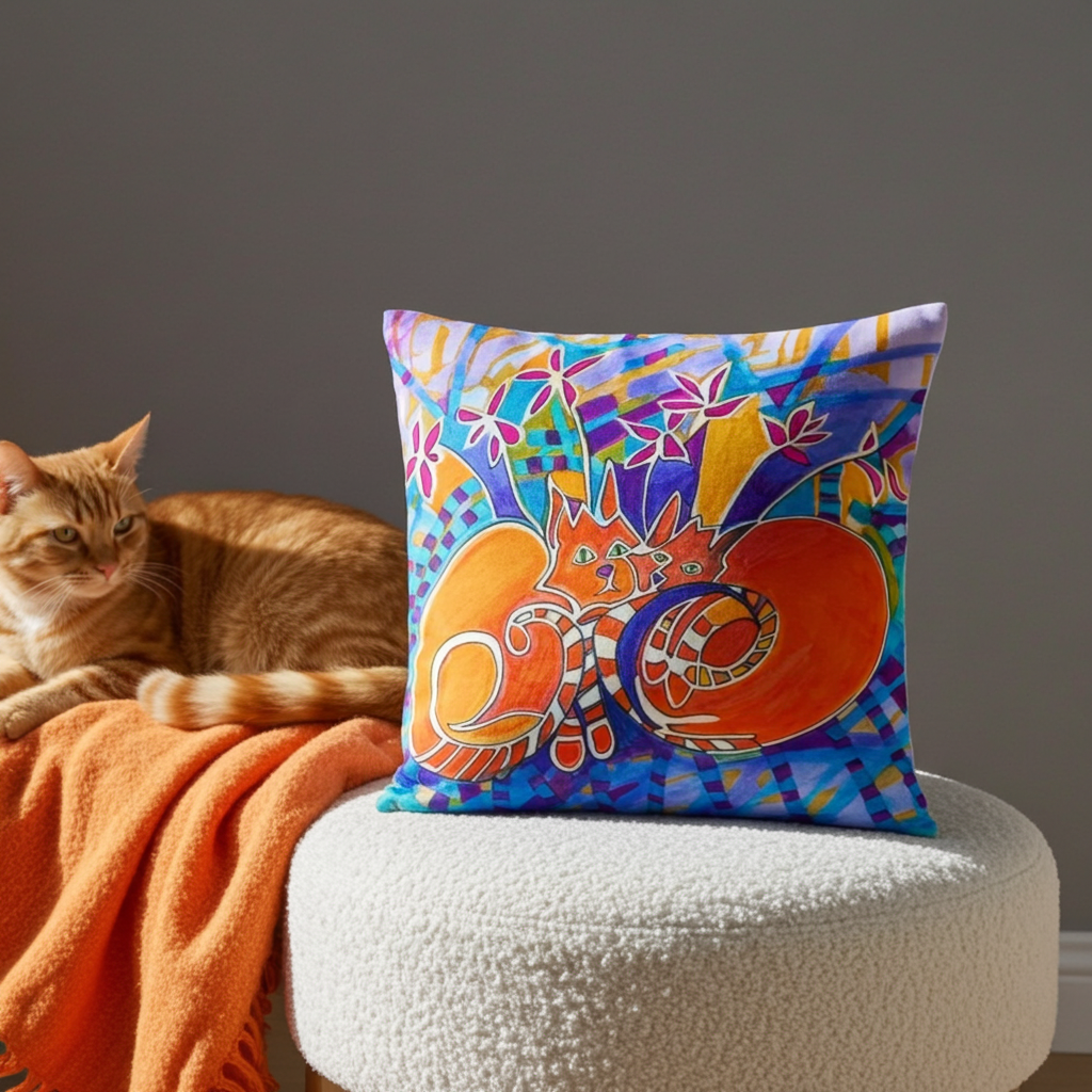 Duplex Cats Pillow with colorful cat artwork by Joy Calonico on soft polyester case with hidden zipper and shape-retaining insert.