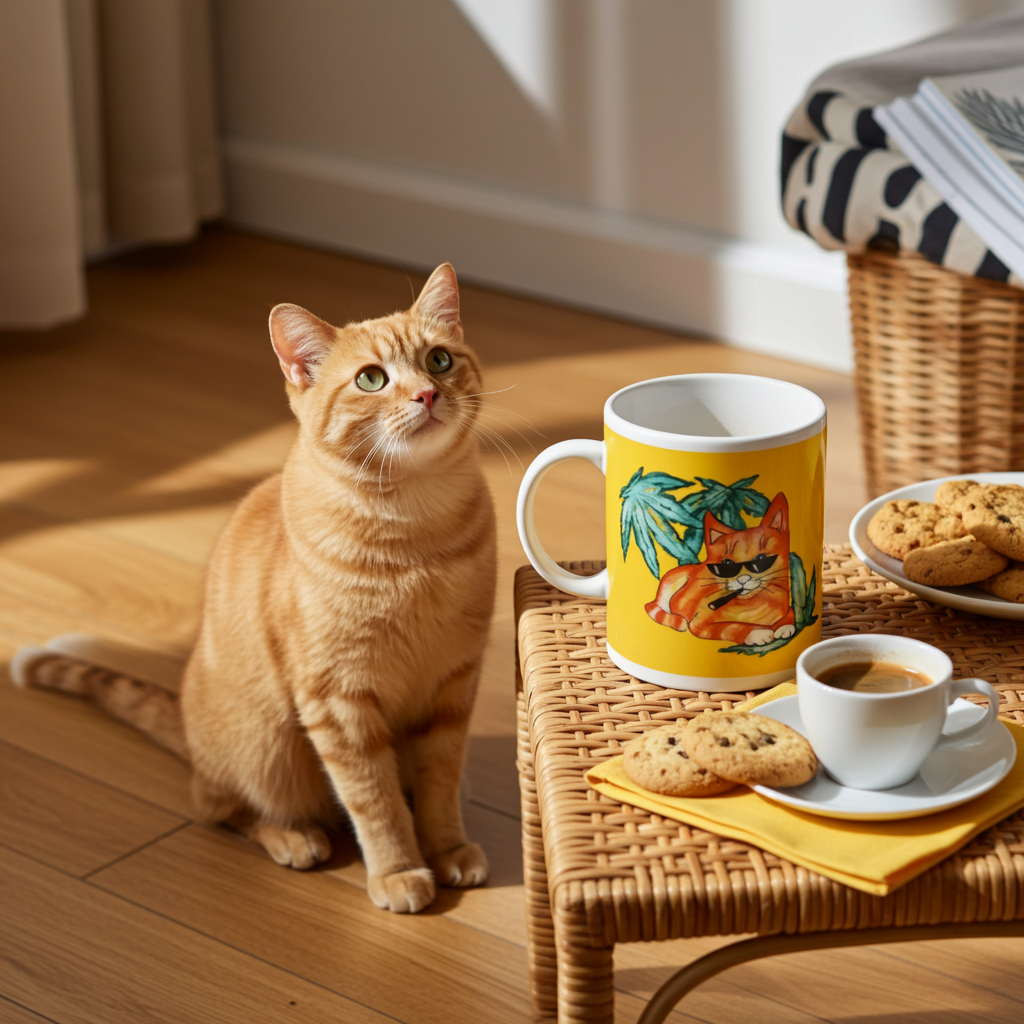 Cool ginger cat mug with tropical design beside real ginger cat on wicker table with coffee and cookies