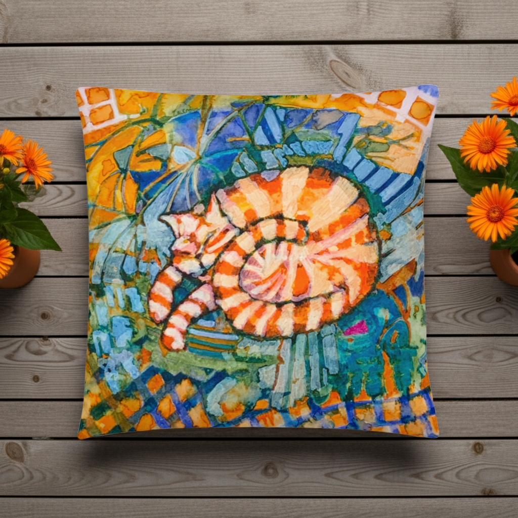 Sleeping Ginger Cat Pillow with colorful abstract art of a curled orange tabby cat on a wooden deck background