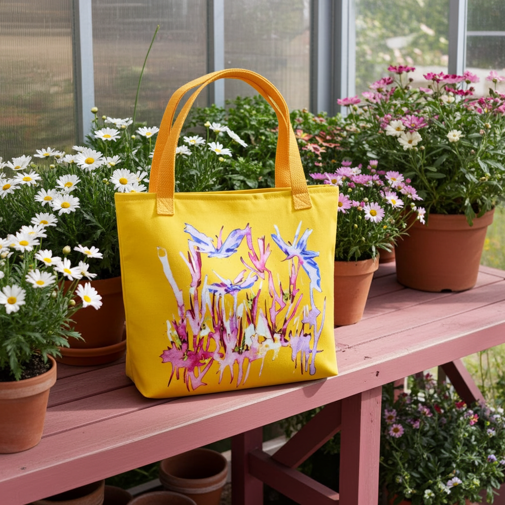 Yellow tote bag with blue butterflies abstract design by Joy Calnico, spacious with dual cotton handles, 15x15 inches.