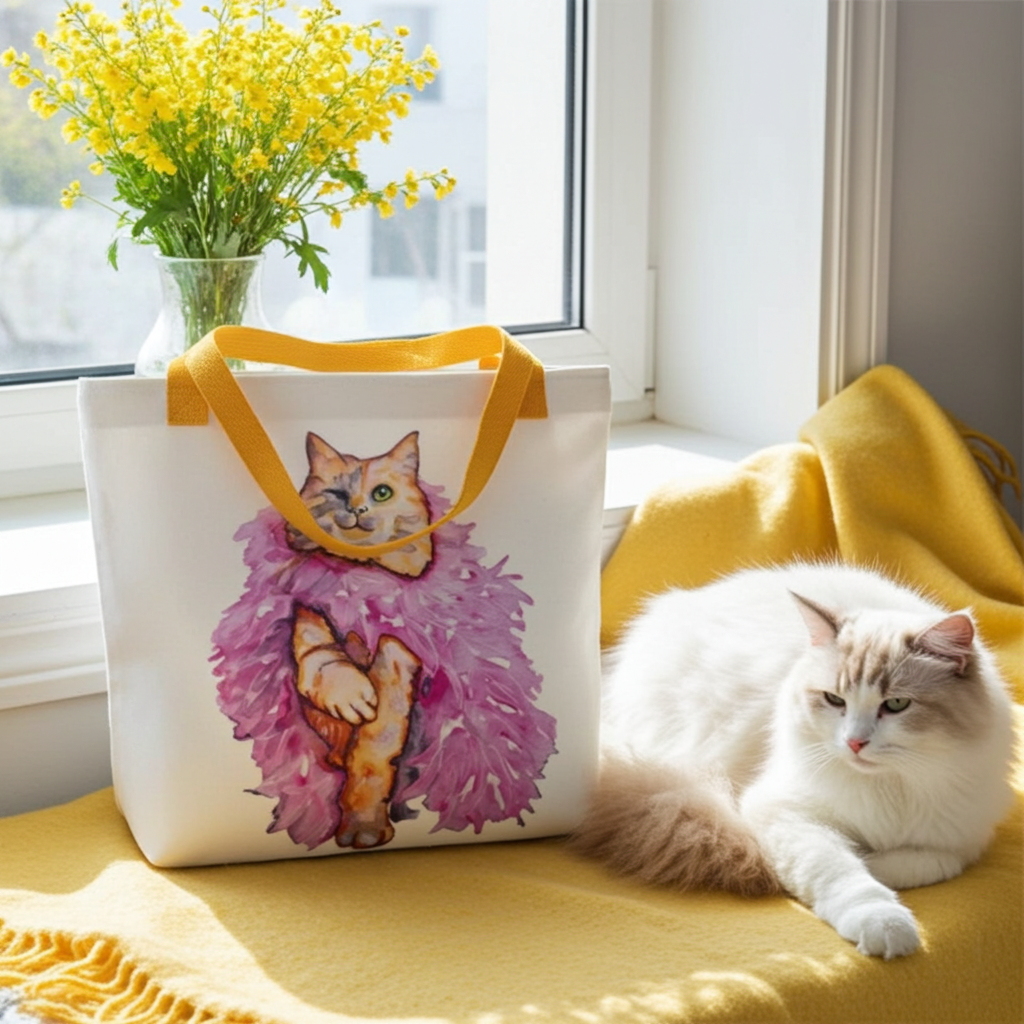 Boa Cat Wink Tote bag with cat artwork by Joy Calonico, yellow handles, and spacious design placed on a yellow blanket near a window with a white cat nearby