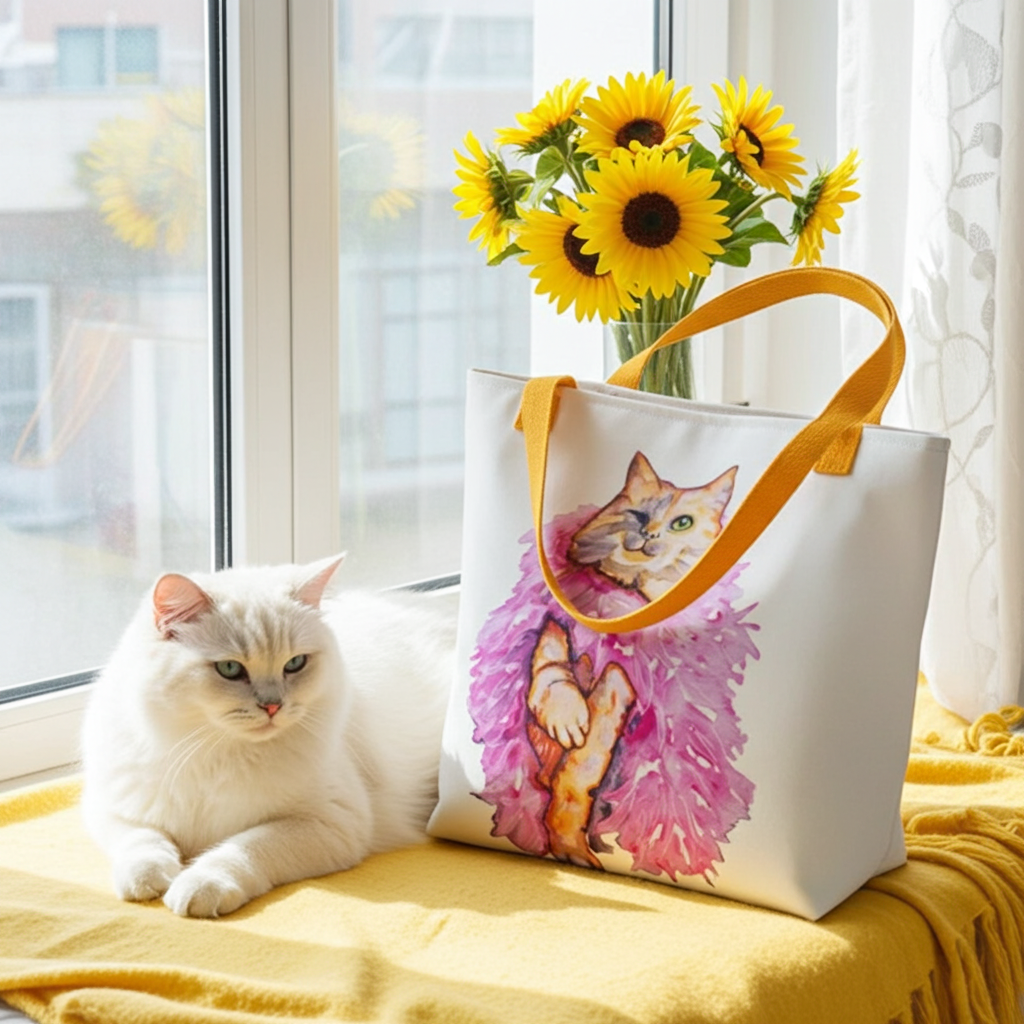 Boa Cat Wink Tote bag with colorful cat artwork and yellow handles on a sunlit table next to a white cat and sunflowers