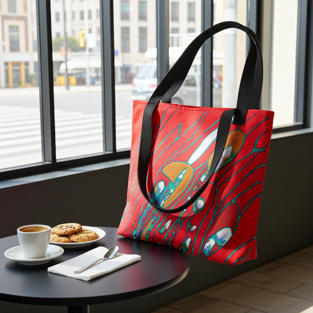 August Abstract Tote Bag with colorful abstract artwork and black handles on a table near window with coffee and cookies
