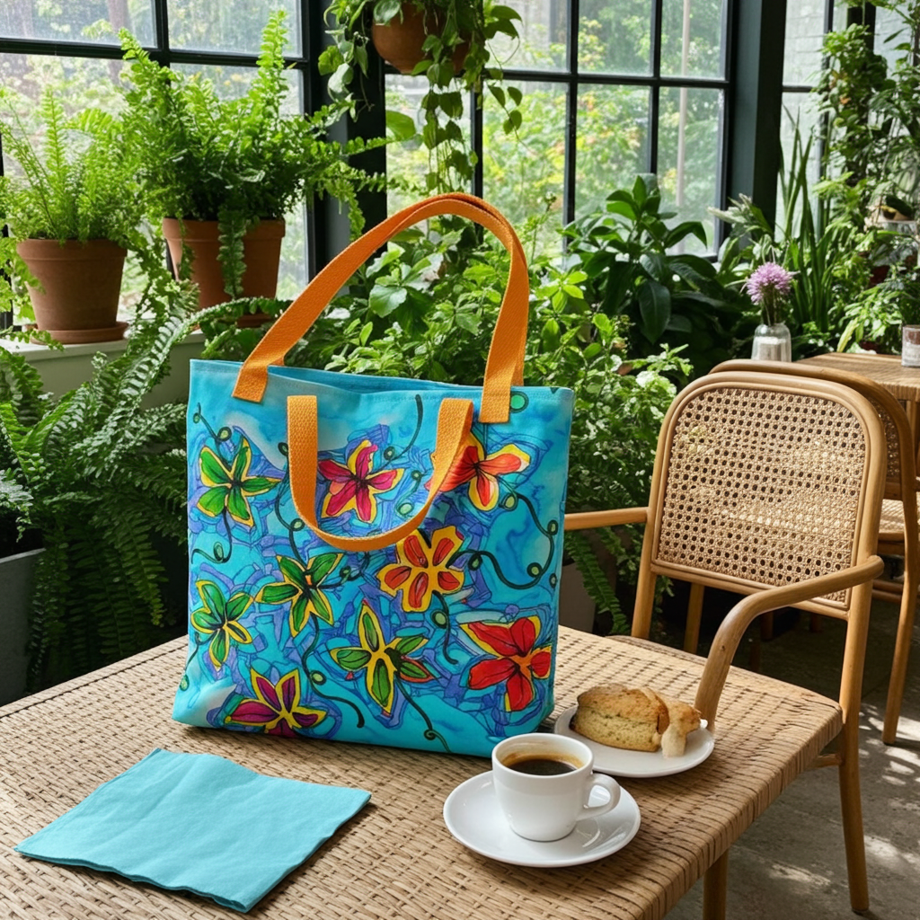 Colorful Flower Patch Tote bag with floral artwork and orange handles on a wicker table with coffee and snacks in a bright indoor garden setting