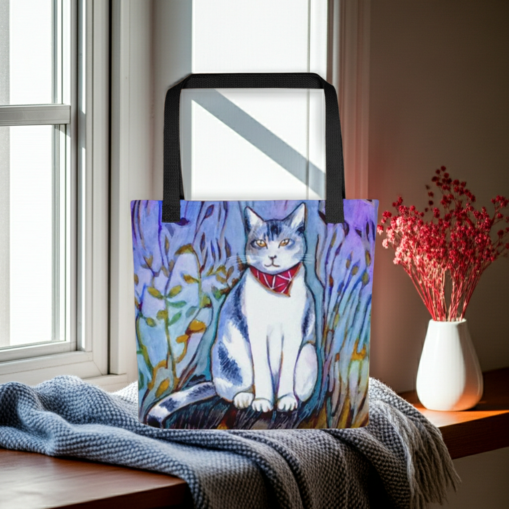 Cat in Scarf Tote bag featuring colorful cat artwork, spacious 15x15 inch polyester fabric with black cotton handles.