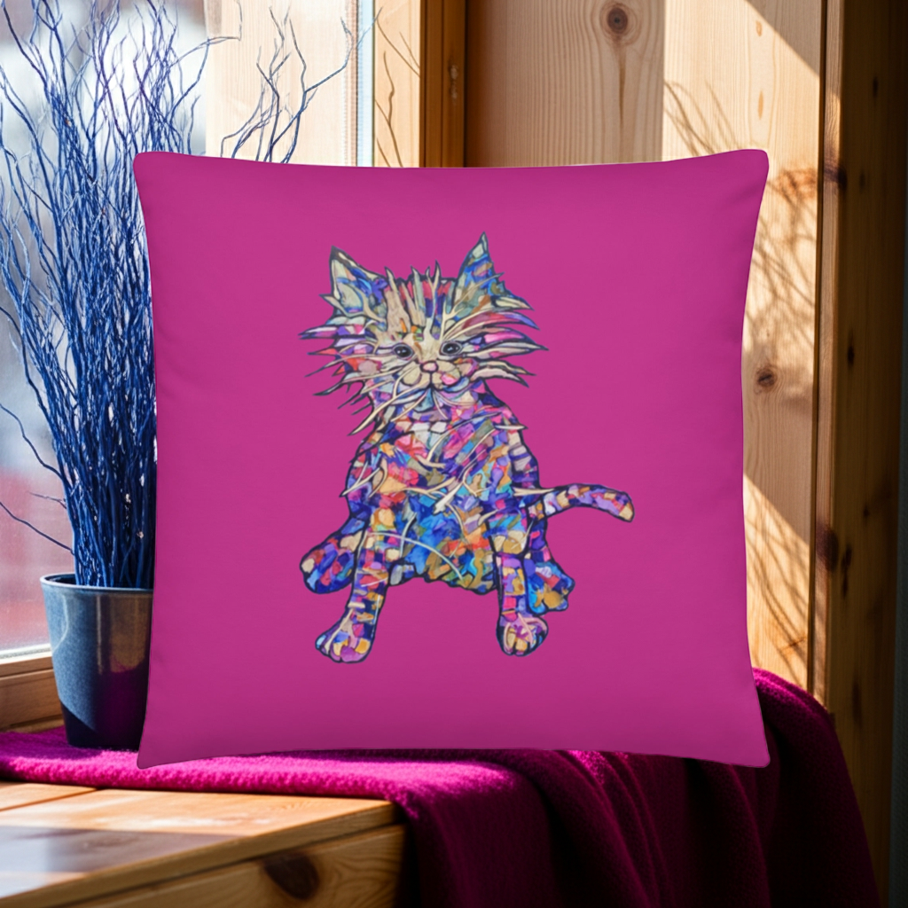 Busy Cat Pillow with colorful abstract cat artwork on vibrant magenta background, soft polyester fabric, machine-washable cover.