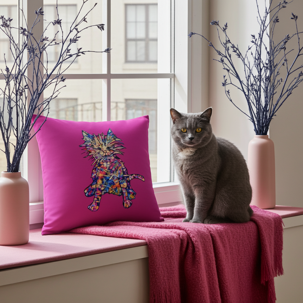 Bright pink Busy Cat Pillow with colorful cat artwork by Joy Calonico on a window seat next to a gray cat and pink throw blanket