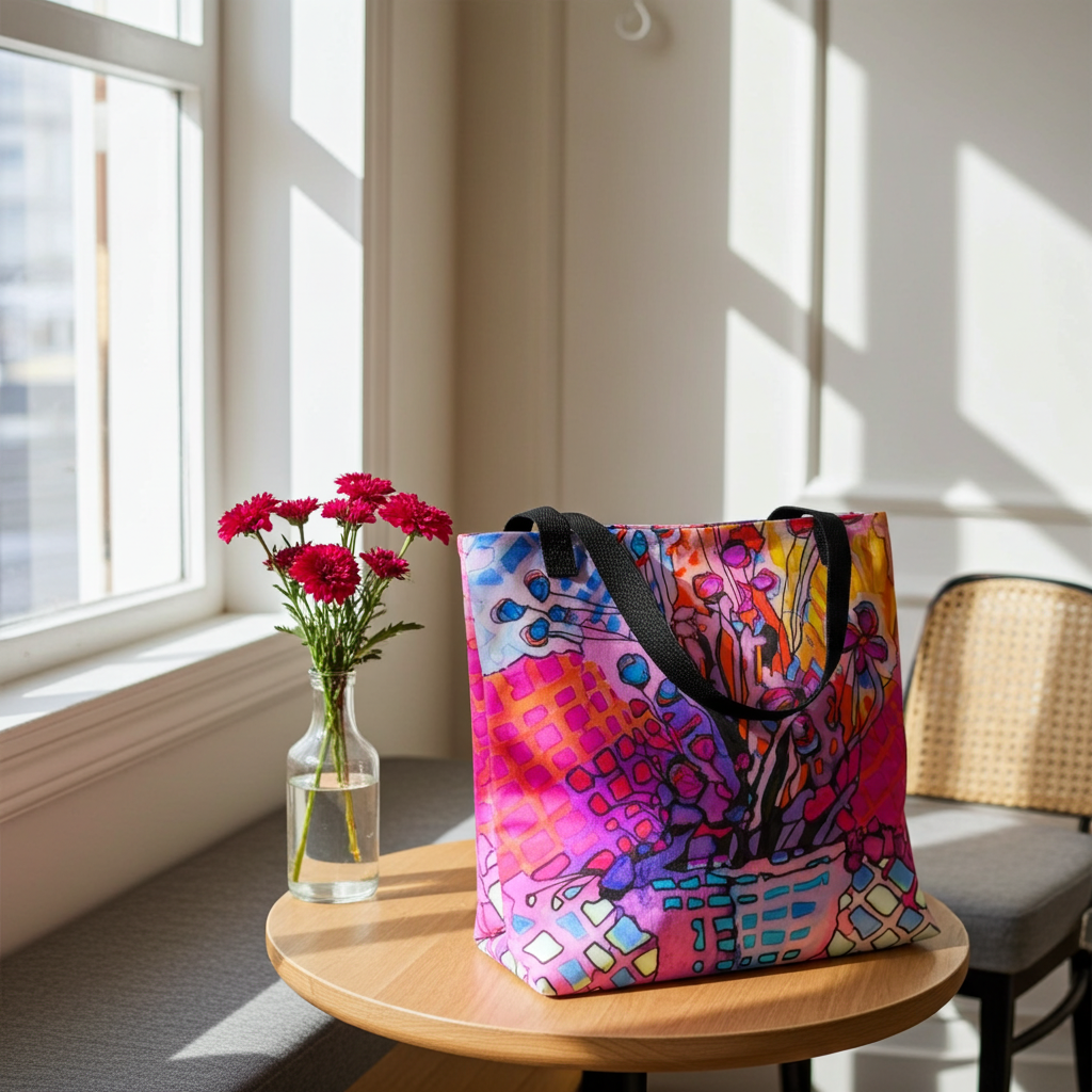 Colorful Flower Abstract Tote Bag with dual cotton handles on wooden table next to vase with red flowers in sunlit room