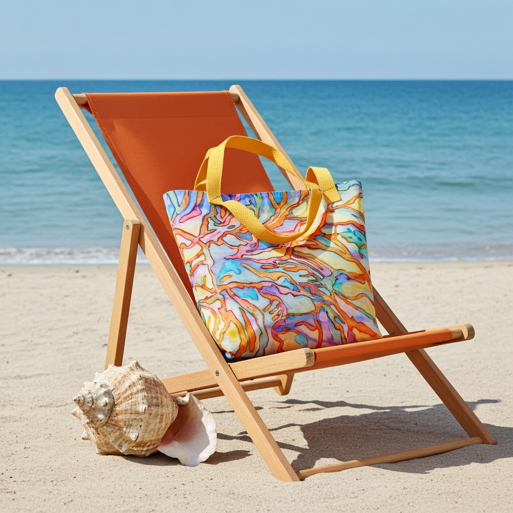 Colorful coral reef abstract tote bag with yellow handles on orange beach chair by the ocean