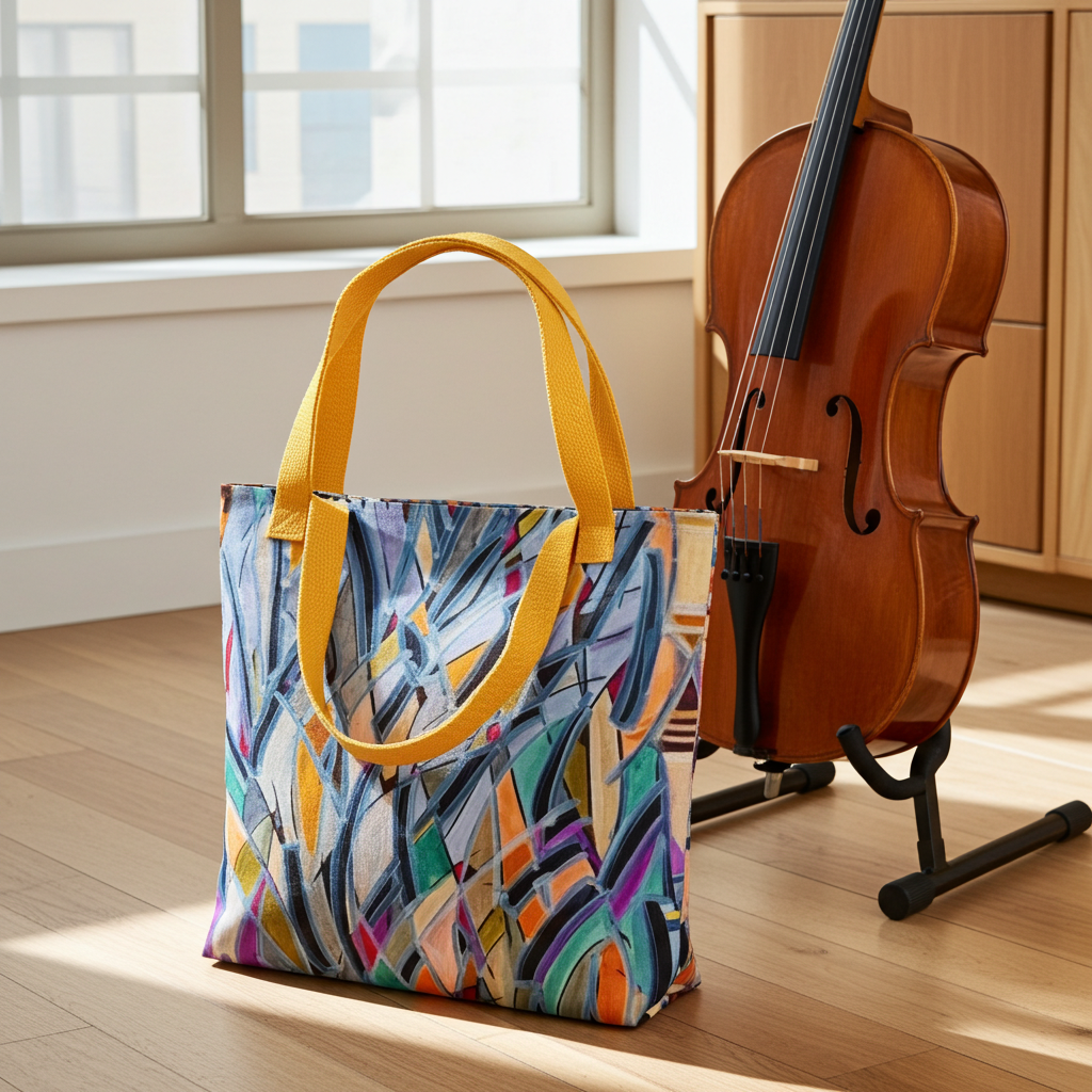 Sydney Opera Abstract Tote Bag with colorful abstract artwork and yellow cotton handles next to a cello in a sunlit room