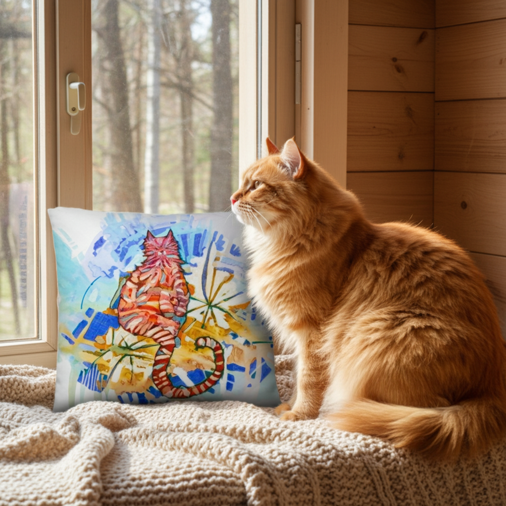 Garden Cat Pillow with colorful cat artwork by Joy Calonico placed by a window next to a ginger cat