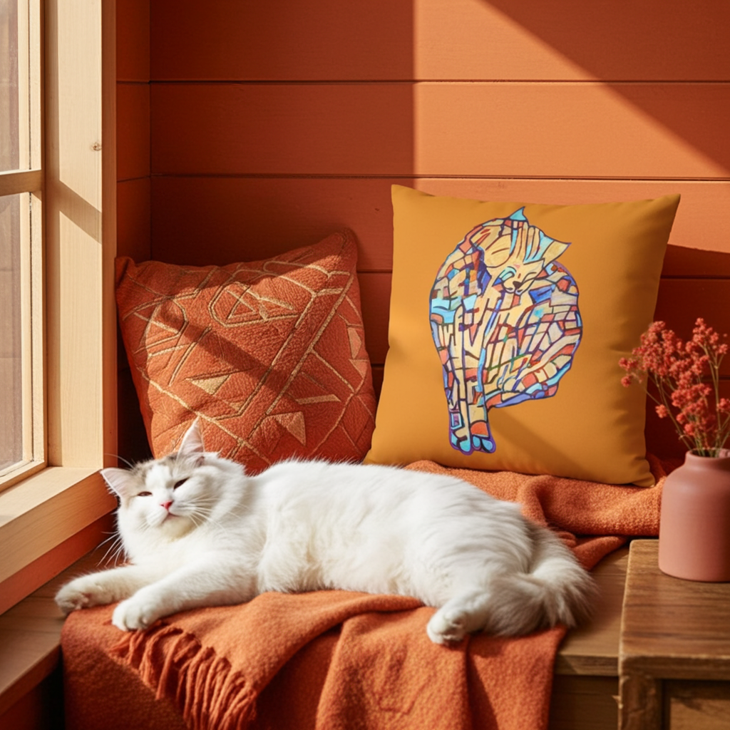 Sitting Pretty Cat Pillow with colorful cat artwork on mustard background next to a white cat lounging by a sunny window