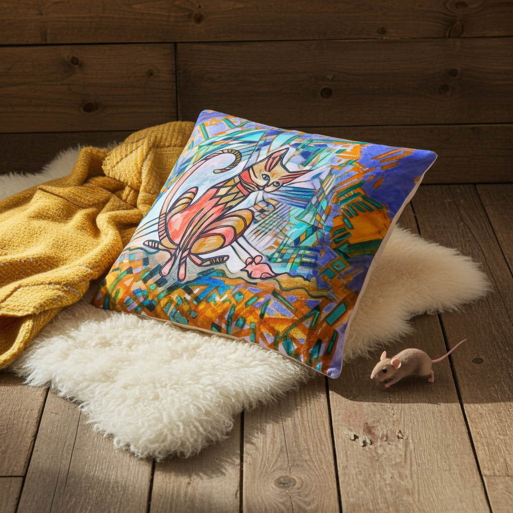 Mouser Cat Pillow with colorful cat artwork by Joy Calonico on soft polyester fabric, displayed on cozy fur and wooden floor.