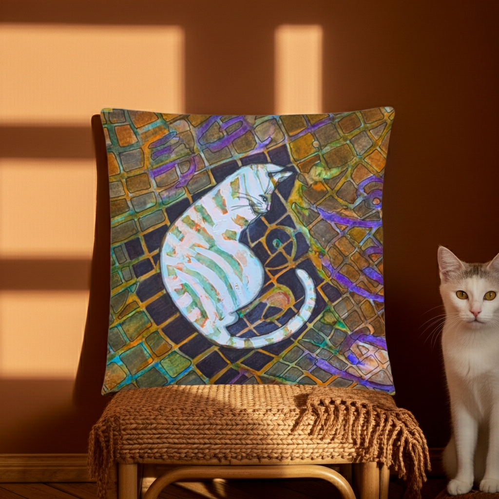 Cat Bricks Pillow with colorful cat and brick artwork by Joy Calonico on wicker chair with natural sunlight and a white cat nearby