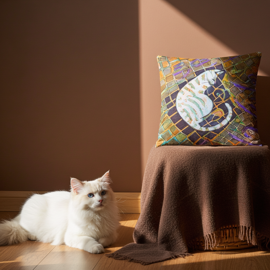 Cat Bricks Pillow with colorful cat brick pattern on soft polyester case and insert, displayed on brown cloth-covered stool with white fluffy cat sitting on wooden floor.