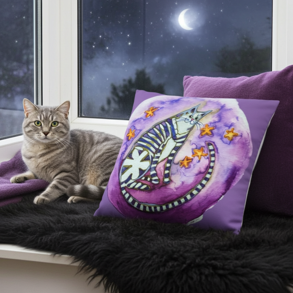 Striped Cat Moon Pillow with artistic cat and stars design on purple background on a window seat with a real cat nearby