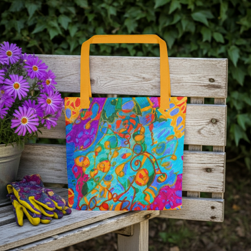 Curled Up Abstract Tote bag with colorful abstract design and orange handles on wooden bench next to purple flowers and gardening gloves
