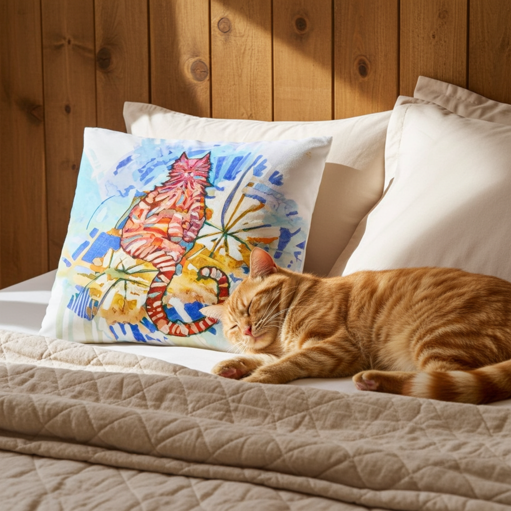 Garden Cat Pillow with colorful cat artwork by Joy Calonico on a bed next to a sleeping ginger cat