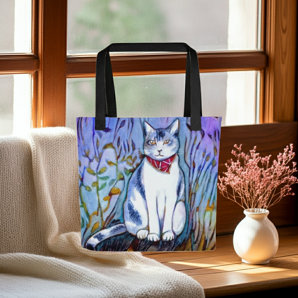 Cat in Scarf Tote bag featuring artwork of a cat with a red scarf, spacious polyester fabric with black handles