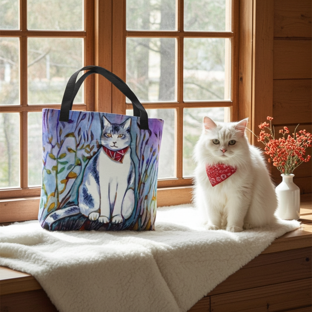 Cat in Scarf Tote bag featuring cat artwork by Joy Calonico, made of 100% spun polyester with black cotton handles, displayed near a white cat with a red scarf.