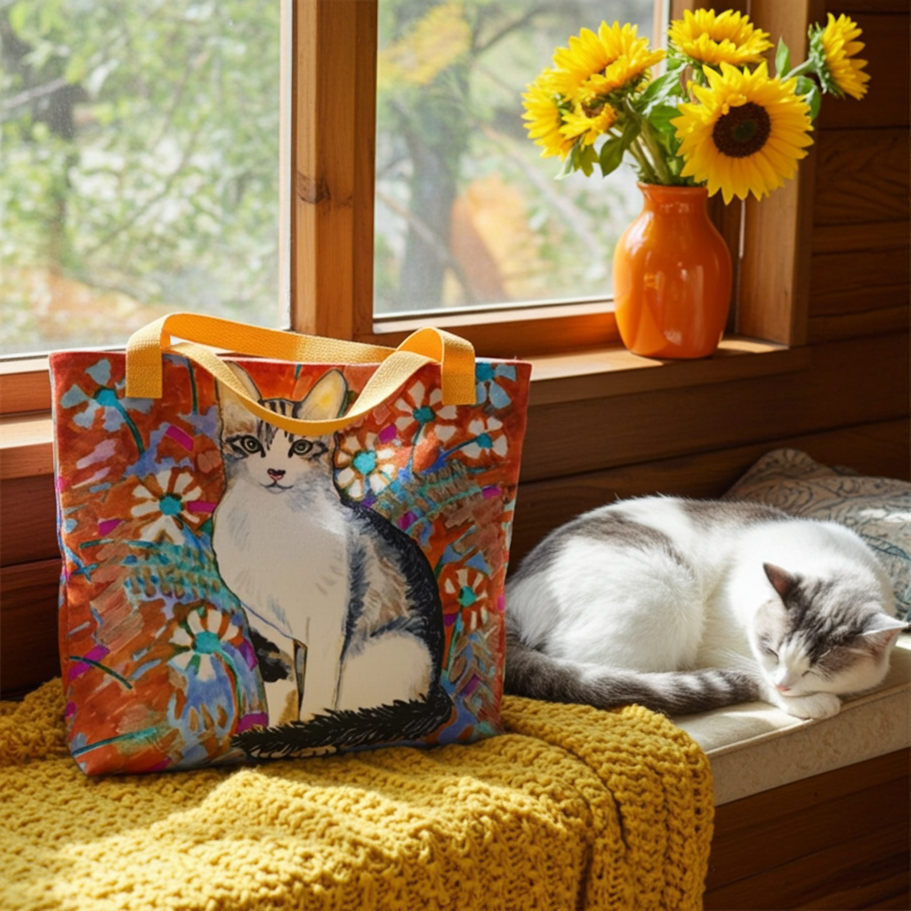 Daisy Cat Tote Bag with cat and floral artwork by Joy Calonico, displayed on knitted yellow blanket near window with sunflowers and sleeping cat nearby