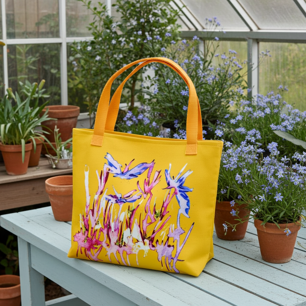 Blue Butterflies Abstract Tote bag with yellow background and vibrant butterfly artwork by Joy Calnico