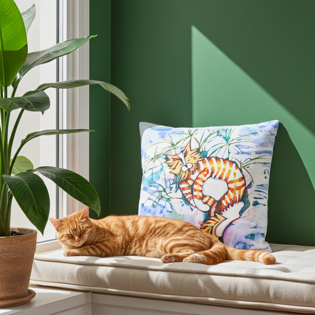 Orange tabby cat pillow with artistic cat design on window seat next to sleeping orange tabby cat