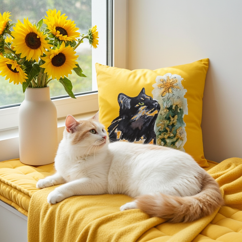 Calico Cat Yellow Pillow