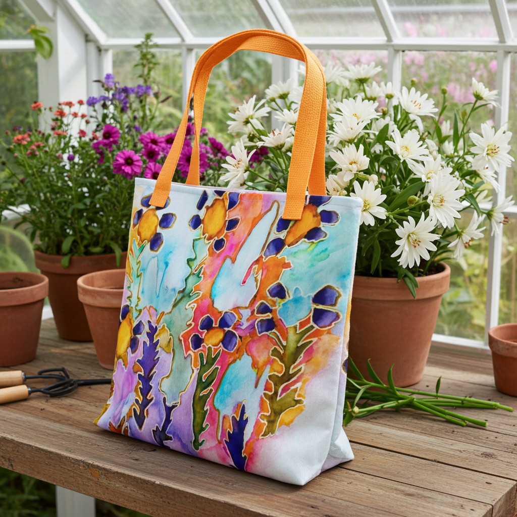 Dark Blooms Abstract Tote Bag with colorful floral artwork and orange handles on wooden table in greenhouse
