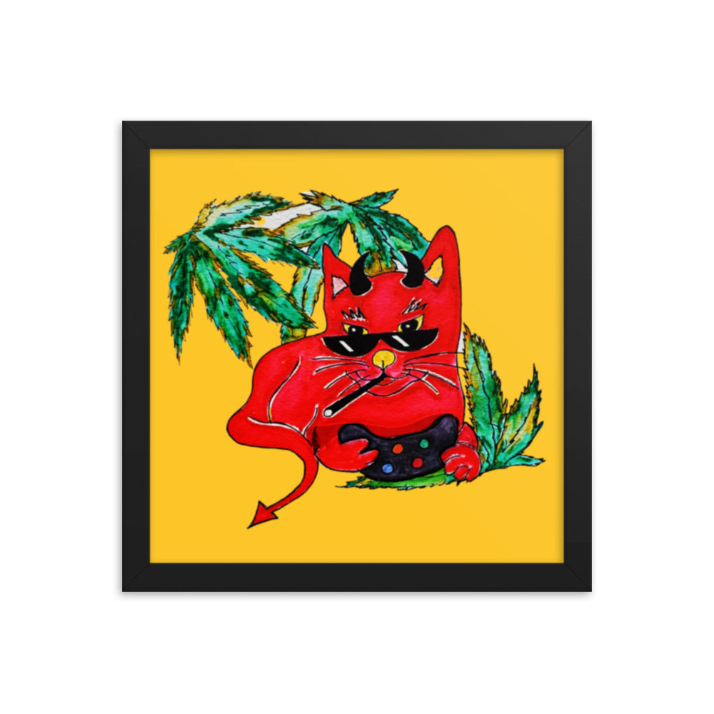 Cool Devil Gamer Cat Framed Poster 12x12