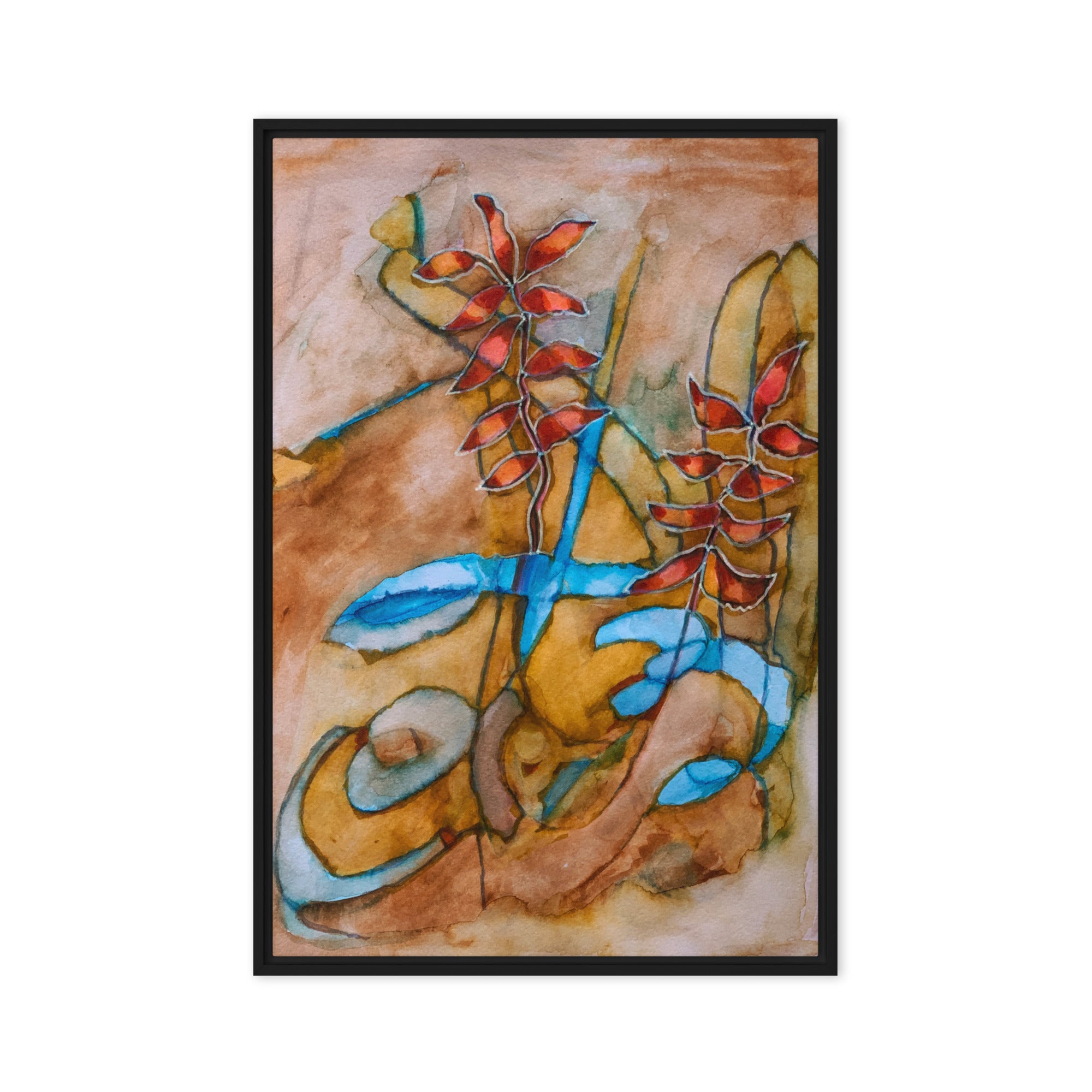 Teal Ribbon Leaves Abstract Framed Canvas
