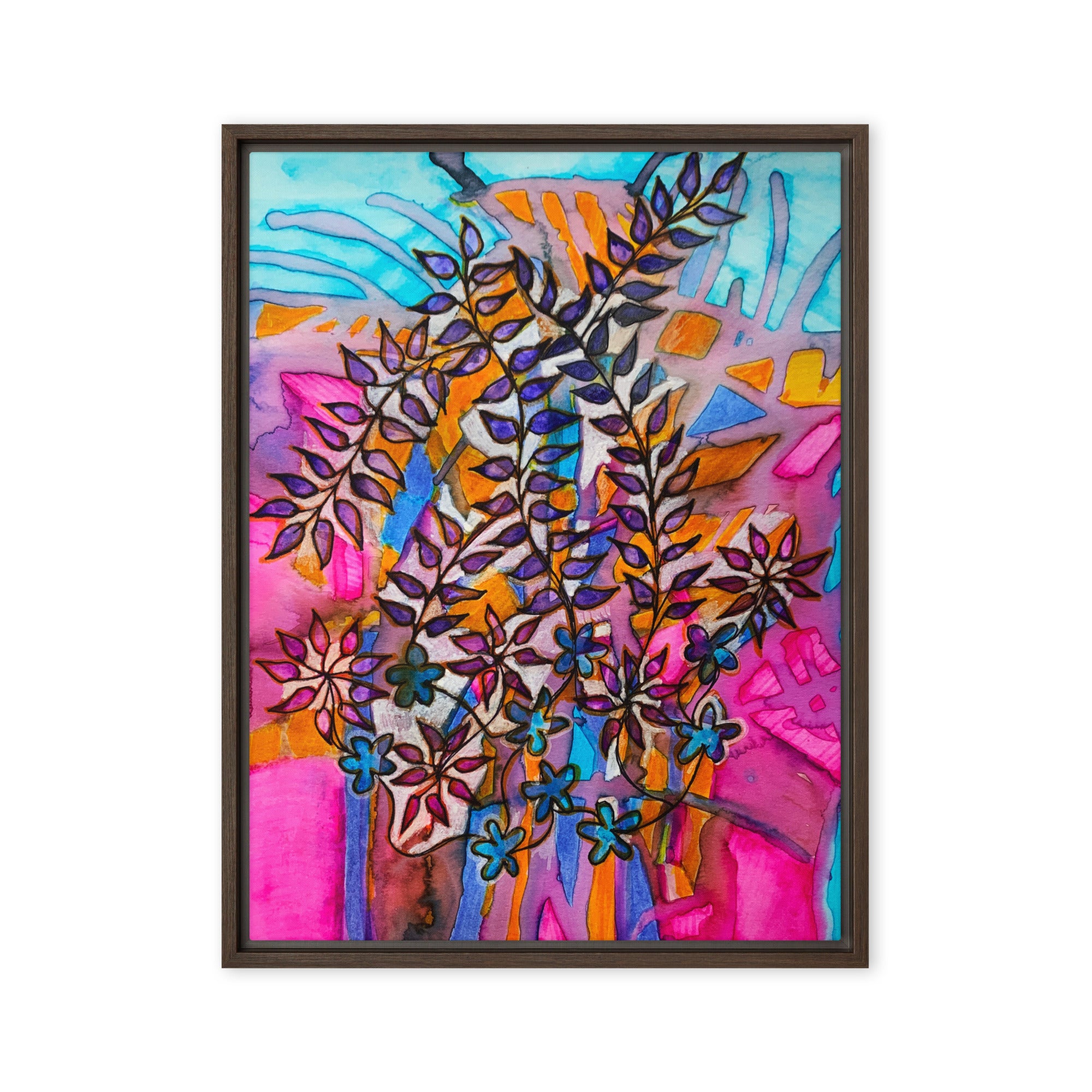 Pink Roots Leaves Framed Canvas
