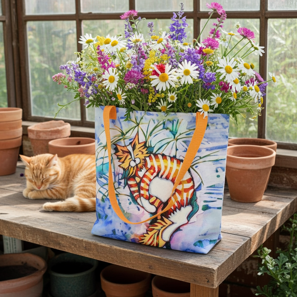 Orange Tabby Cat Tote bag with floral design and orange handles on wooden table