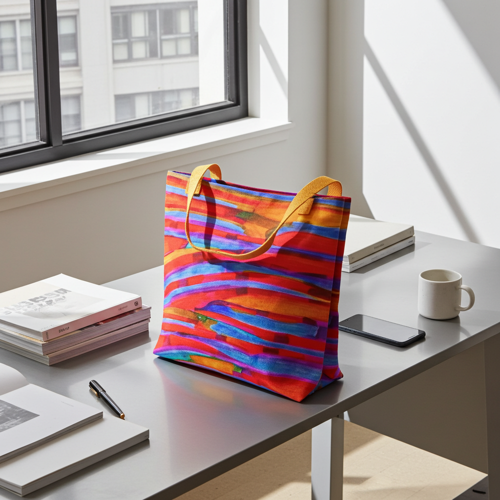 Colorful Gentle Slopes Abstract Tote bag with dual natural cotton handles on desk