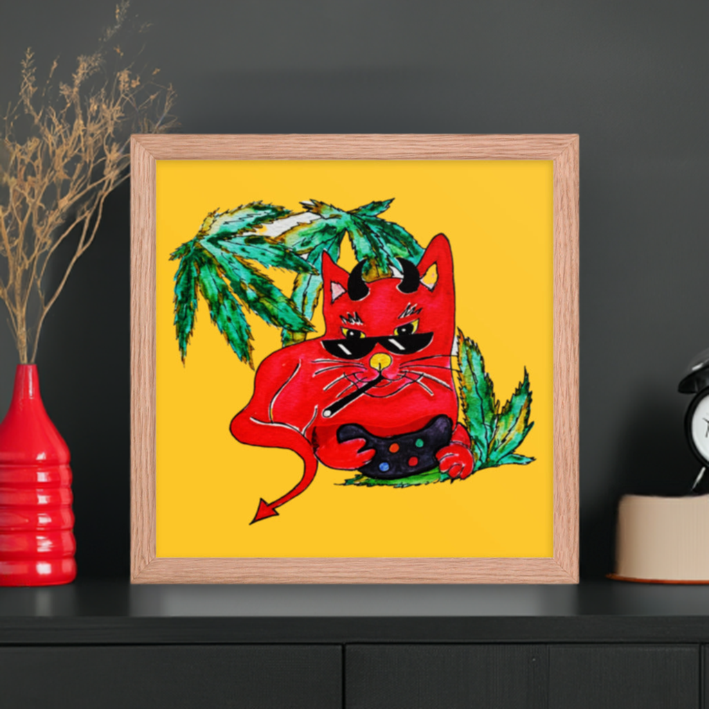 Cool Devil Gamer Cat Framed Poster 12x12